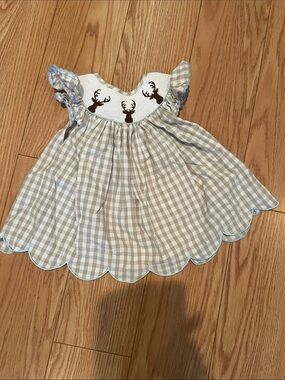 Beige Gingham Deer Embroidered Baby One-Piece